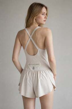 FP Movement Righteous Runsie Romper Beige Tan Cutout Exercise Small